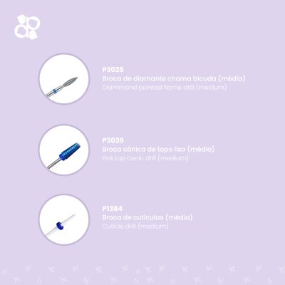 Três brocas de manicure com descrição em português e inglês em fundo lilás.