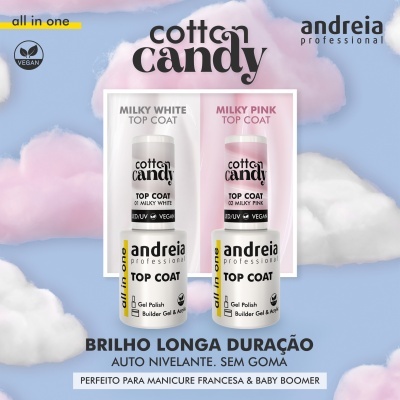 Dois frascos de Top Coat de esmalte Andreia Professional cotton candy, Milky White e Milky Pink, sobre fundo azul com nuvens cor de rosa e branco.
