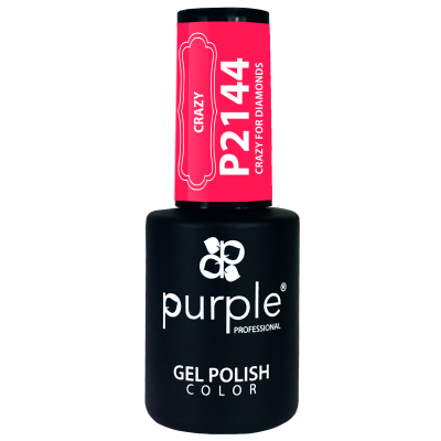 Frasco de verniz gel para unhas preto com tampa rosa e texto branco