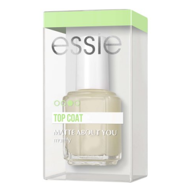 Frasco de verniz de unhas essie cor bege com tampa branca numa caixa transparente com topo verde