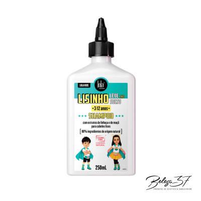 Frasco branco de shampoo Lola Kids com tampa preta e ilustrações de crianças em versão super-heróis