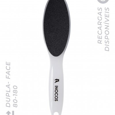 Lima de pé dupla-face preta e branca da marca INOCOS com texto ao lado