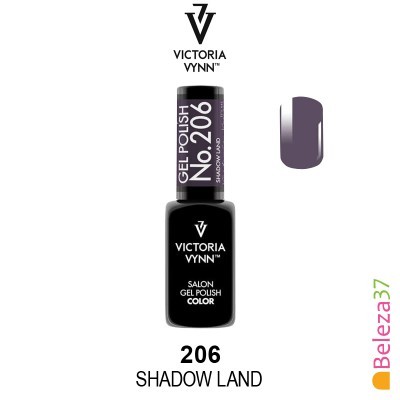 Frasco de verniz gel para unhas Victoria Vynn n.º 206 Shadow Land com amostra da cor roxa