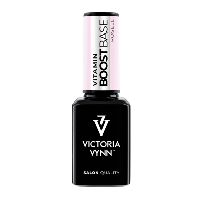 Frasco de verniz de unhas Victoria Vynn preto com tampa rosa clara e texto branco e preto.