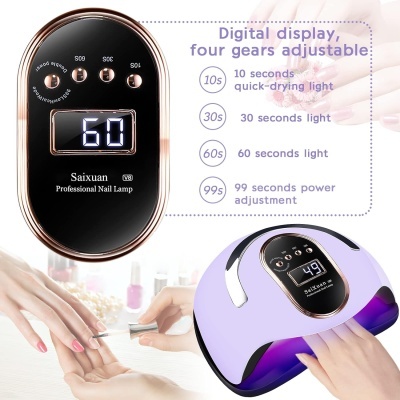 Lâmpada profissional para unhas digital, preto e dourado, com visor e botões ajustáveis