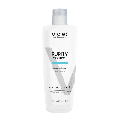 Frasco branco de champô purificante Violet Hair Cosmetics PURITY CONTROL com tampa transparente