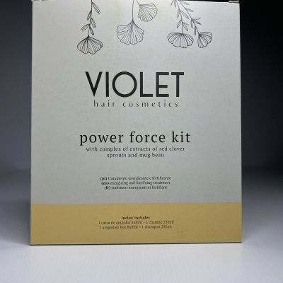 Caixa branca e amarela com texto sobre kit cosmético para cabelo da marca Violet