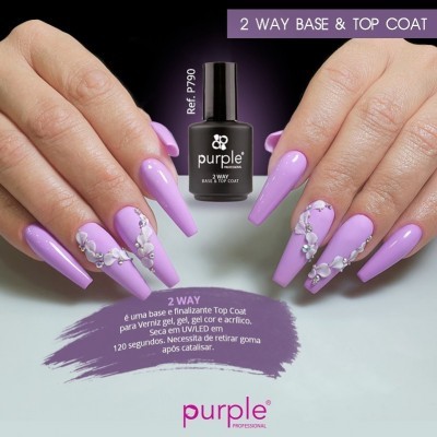 Unhas lilás brilhantes decoradas com detalhes florais à volta do frasco de verniz Purple Professional 2 WAY BASE & TOP COAT