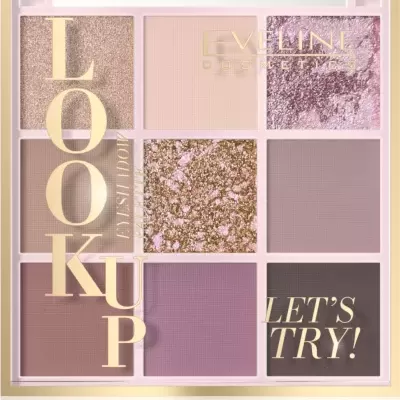 Paleta de sombras de olhos com nove tons em embalagem transparente e letras douradas