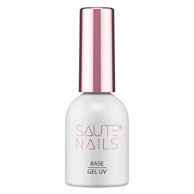 Frasco branco de verniz para unhas com tampa rosa metálica e texto SAUTE NAILS BASE GEL UV