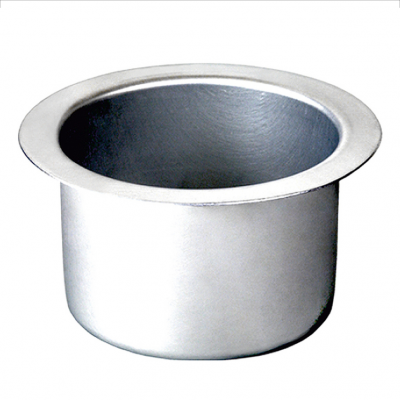 Recipiente metálico cilíndrico prateado com borda larga e plana