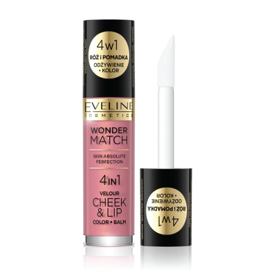 Eveline Cosmetics Wonder Match 4in1 Velour Cheek & Lip em embalagem transparente com tampa preta e aplicador branco