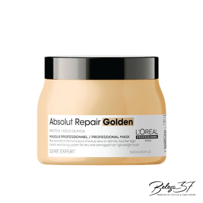 Máscara profissional para cabelo L'Oréal Absolut Repair Golden em embalagem bege com tampa preta