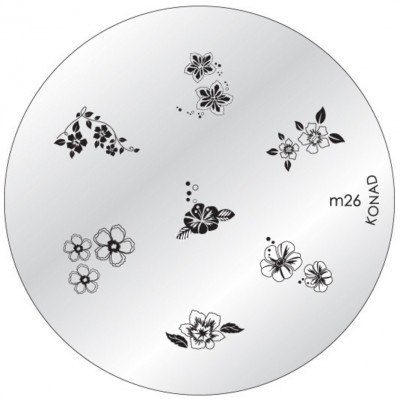 Disco metálico prateado redondo com desenhos florais pretos e texto KONAD m26