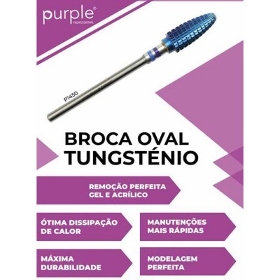 Broca oval tungsténio azul com corpo metálico em fundo branco e roxo com texto
