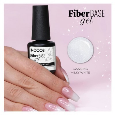 Frasco preto de gel para unhas Fiber BASE gel da INOCOS com unhas longas brancas peroladas e fundo rosa