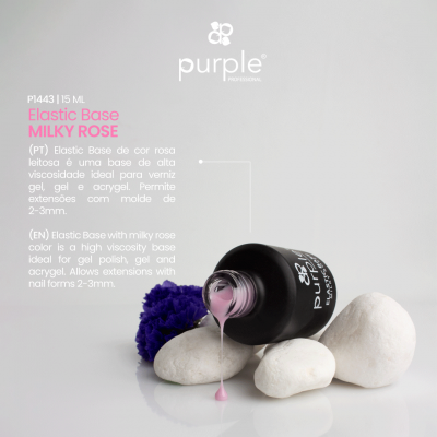 Frasco de base elástica cor rosa leitosa da Purple Professional com tinta rosa a escorrer sobre pedras brancas.