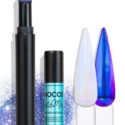 Maquilhagem holográfica azul com aplicador e amostras de cor branca e azul