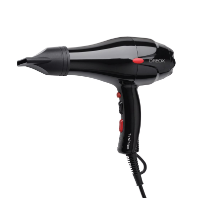Secador de cabelo preto com detalhes vermelhos e texto 'DREOX'