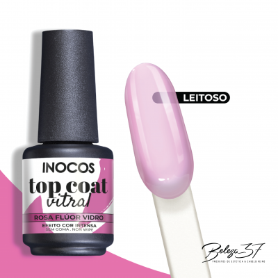 Verniz INOCOS top coat vitral rosa fluor vidro com mostrador de cor rosa translúcido
