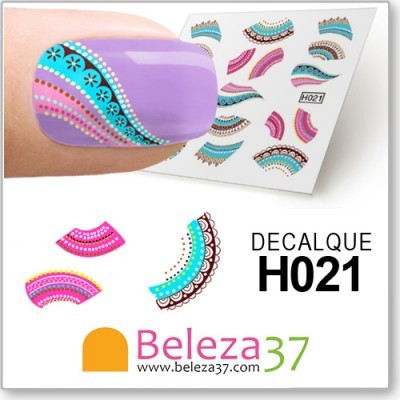 Autocolantes de unhas decorativos com padrões coloridos e texto DECALQUE H021
