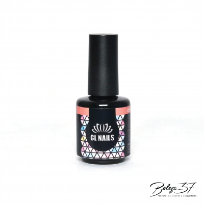 Frasco pequeno de verniz com tampa preta e rótulo colorido GL NAILS