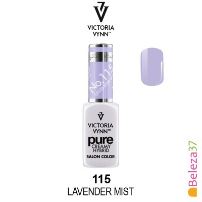 Frasco de verniz Victoria Vynn Pure Creamy Hybrid Lavender Mist nº 115 com amostra da cor lilás