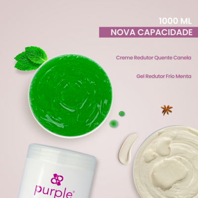 Imagem promocional de creme redutor quente de canela e gel redutor frio de menta Purple Professional, embalagens e ingredientes destacados.
