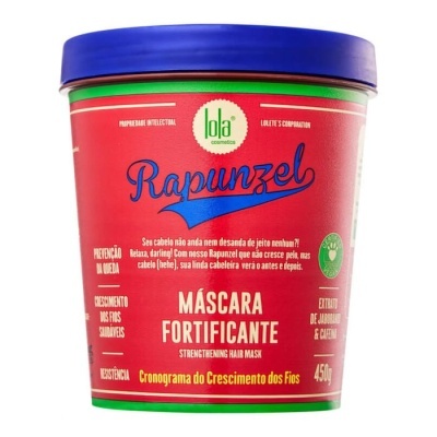 Pote vermelho com tampa azul de máscara fortificante para cabelo Rapunzel da Lola Cosmetics