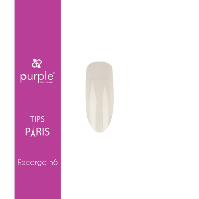 Unha postiça natural com embalagem roxa e branca com texto purple PROFESSIONAL TIPS PARIS Recarga n6