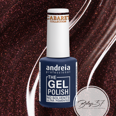 Frasco de verniz gel azul escuro com tampa branca e texto dourado em fundo brilhante castanho avermelhado