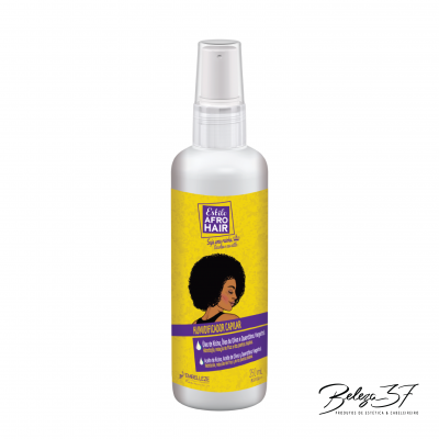 Frasco spray branco com rótulo amarelo e roxo para condicionador capilar Café Afro Hair