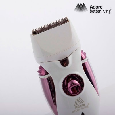 Aparador de pelos elétrico branco com detalhes roxos e texto Adore better living