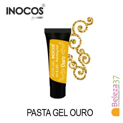 Tubo pequeno preto e amarelo de pasta gel dourada com arabescos brilhantes dourados