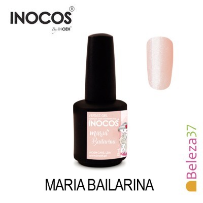 Frasco de verniz gel INOCOS cor rosa claro com rótulo e imagem de bailarina