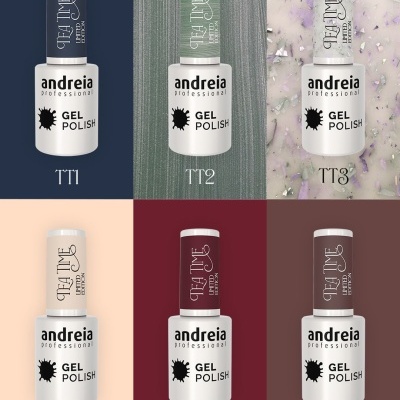 Seis frascos de verniz gel Andreia Professional com tampas coloridas e códigos TT1 a TT6
