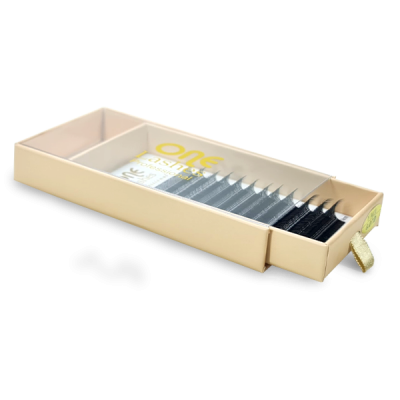 Caixa de pestanas pretas profissionais com tampa transparente e texto amarelo e branco