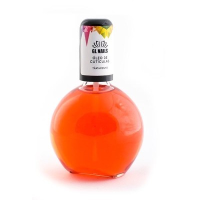 Frasco redondo de vidro com óleo de cutículas GL Nails, líquido laranja.