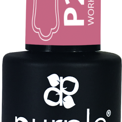 Frasco preto de verniz gel Purple Professional com tampa rosa e texto
