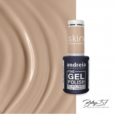 Esmalte de unhas preto Andreia The Gel Polish com tampa bege e fundo bege texturizado.
