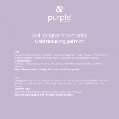 Embalagem de gel redutor frio menta Purple Professional com texto explicativo em português e inglês