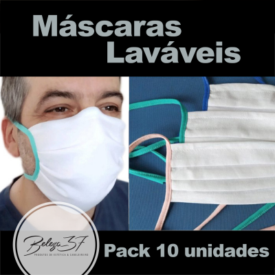 Máscaras laváveis brancas com elásticos coloridos exibidas em imagem promocional