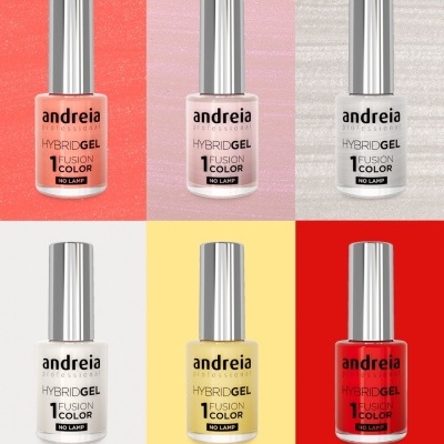 Seis vernizes Andreia Hybrid Gel em várias cores com tampas prateadas e textos H91 a H96