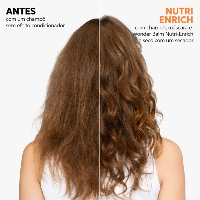 Comparação de cabelo antes e depois de usar produtos Nutri Enrich