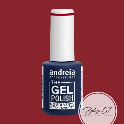 Frasco de verniz gel azul escuro Andreia Professional com tampa branca em fundo vermelho