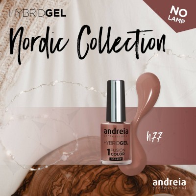 Frasco de verniz de unhas castanho rosado da coleção Nordic Collection da andreia professional sobre fundo claro com tecido branco e madeira