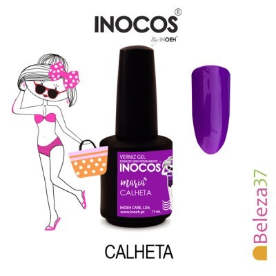 Frasco de verniz gel Inocos com rótulo roxo e amostra de cor violeta ao lado de desenho de mulher de biquíni rosa