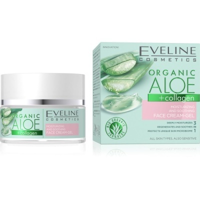 Creme gel de rosto Eveline Cosmetics Organic Aloe + Collagen com embalagem e caixa