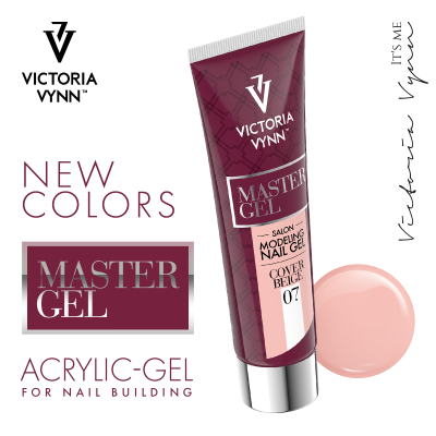 Tubo de gel acrílico para unhas Victoria Vynn cor COVER BEIGE 07 com amostra da cor.
