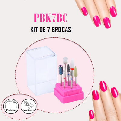Kit de 7 brocas para manicure e pedicure com base rosa e tampa transparente